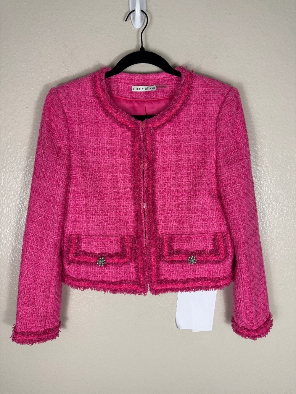 Alice + Olivia Landon Cropped Tweed Jacket In Wild Pink - Picture 8 of 8